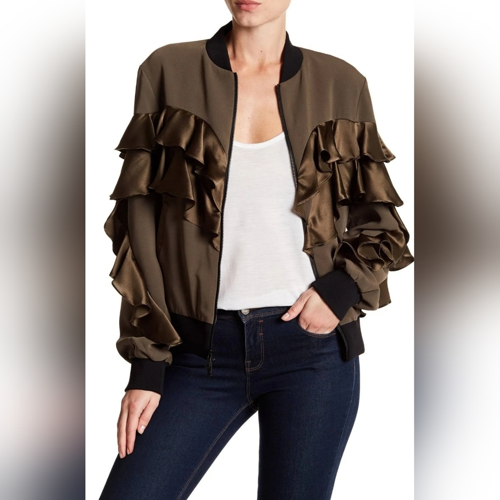 Cinq à Sept Leia Satin-Ruffle Bomber Jacket. Size: Small.
